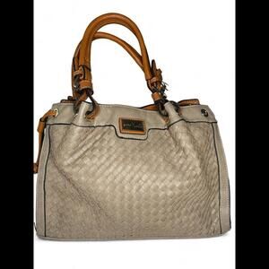 Simply Noelle Large Basket Weave Bag Vegan Leather Tote Double Handle Taupe